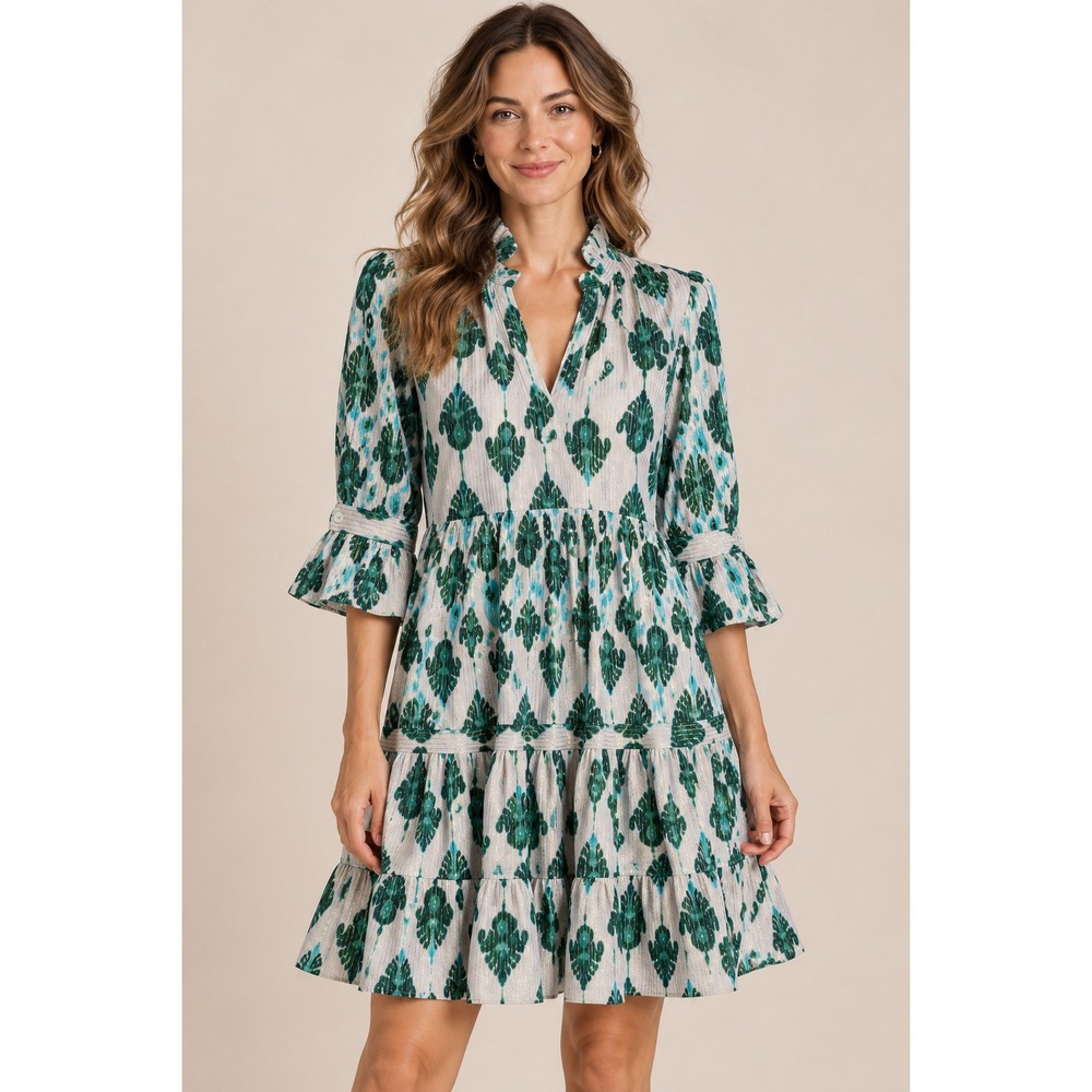 Be Boho Womens Green Ikat Leaf Print Gold Lurex Tiered Mini Dress Pockets Small